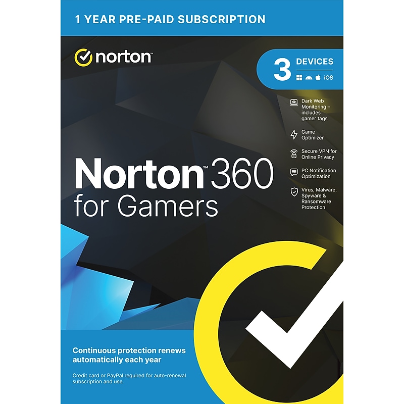 Norton 360 for Gamers Software for 3 Devices, Game Optimizer, Gamer Tag Monitoring & Secure VPN (21463257) image 1