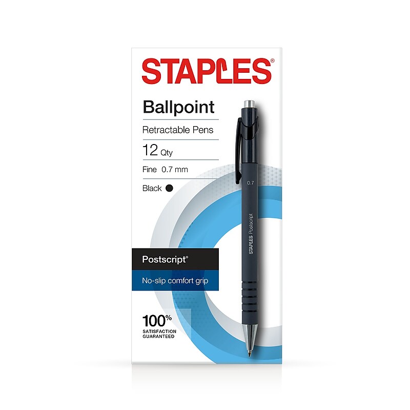 Staples Postscript Retractable Ballpoint Pens, Fine Point, Black Ink, Dozen (18264) image 1