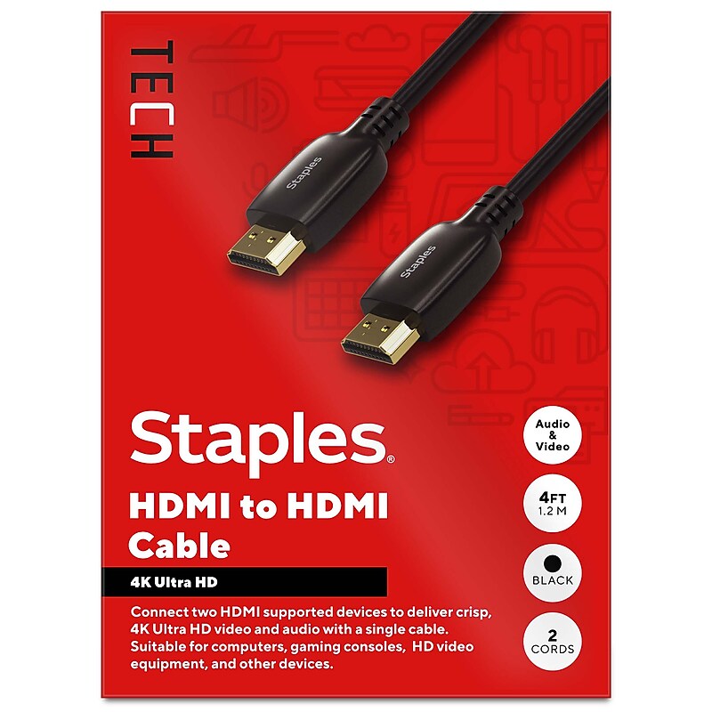 Staples TECH 4 ft. HDMI to HDMI Audio/Video Cable, Male to Male, Black, 2/Pack (ST62478) image 1