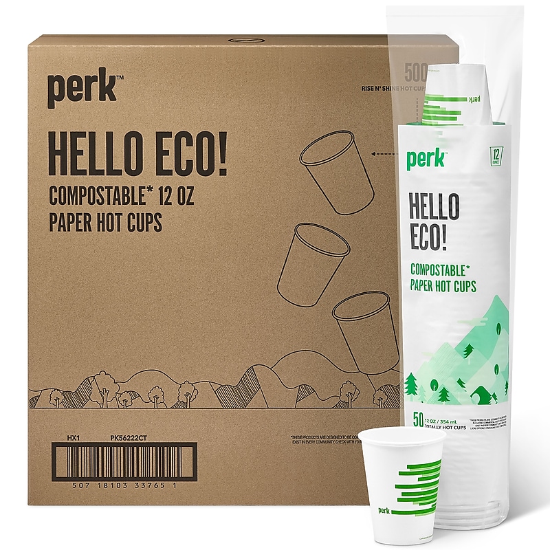 Perk™ Eco Compostable Paper Hot Cup, 12 Oz., White/Green, 500/Carton (PK56222CT) image 1