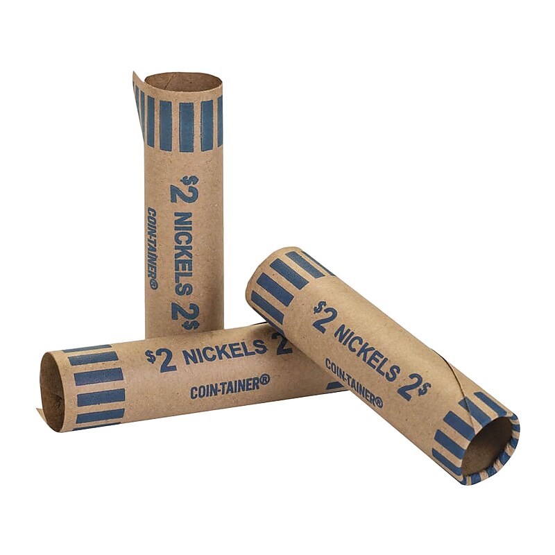 CONTROLTEK $2 Nickel Crimped-End Coin Wrapper, Kraft/Blue, 1000/Carton (560052) image 1