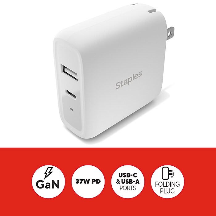 Staples TECH GaN USB-A/USB-C Wall Charger, 37W, White (ST62324-CC