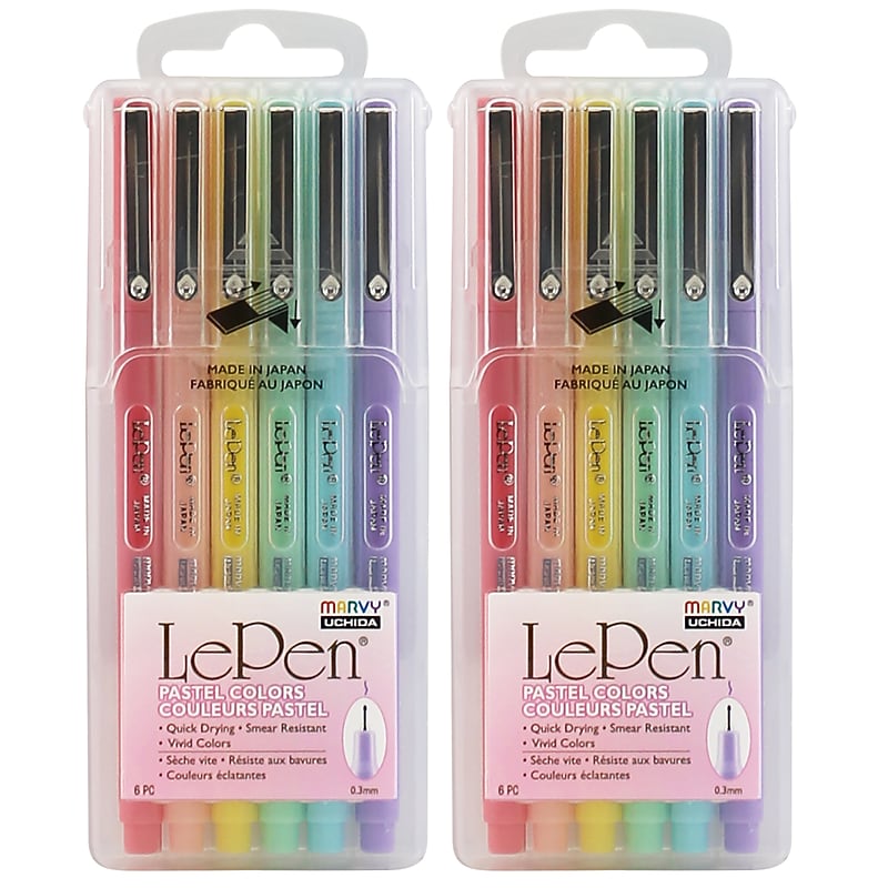 Marvy Uchida LePen Felt Pen, Micro Fine Point, 0.3mm, Assorted Pastel Inks, 6 Pens/Pack, 2 Packs/Bundle (UCH43006P-2) image 1