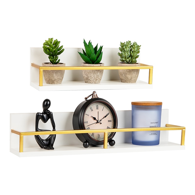 Mind Reader 2 Metal Floating Shelves, 4" x 4" x 18", White/Gold (MDG2SH-WHT) image 1