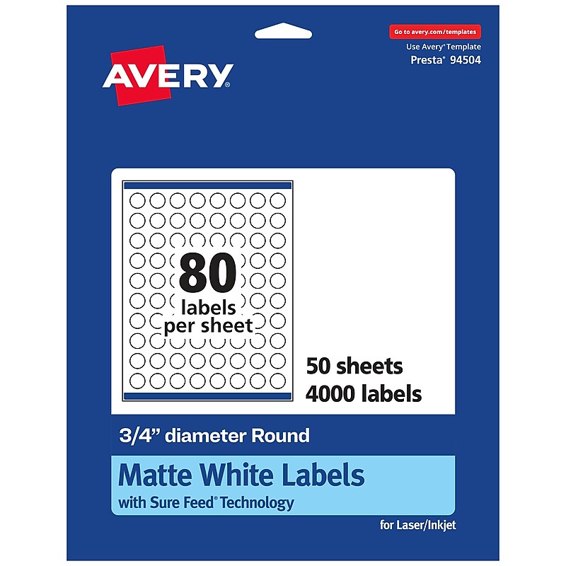 Avery Laser/Inkjet Round Multipurpose Labels, 0.75" Dia, Matte White, 4,000 Labels/Box (94504) image 1