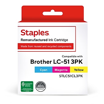 Staples Remanufactured Cyan/Magenta/Yellow Standard Yield Ink Cartridge Replacement for Brother LC51 (STLC51CL3PK), 3/Pack