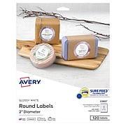 Avery Printable Laser/Inkjet Round Labels with Sure Feed, 2" Diameter, Glossy White, 120/Pack (22807)
