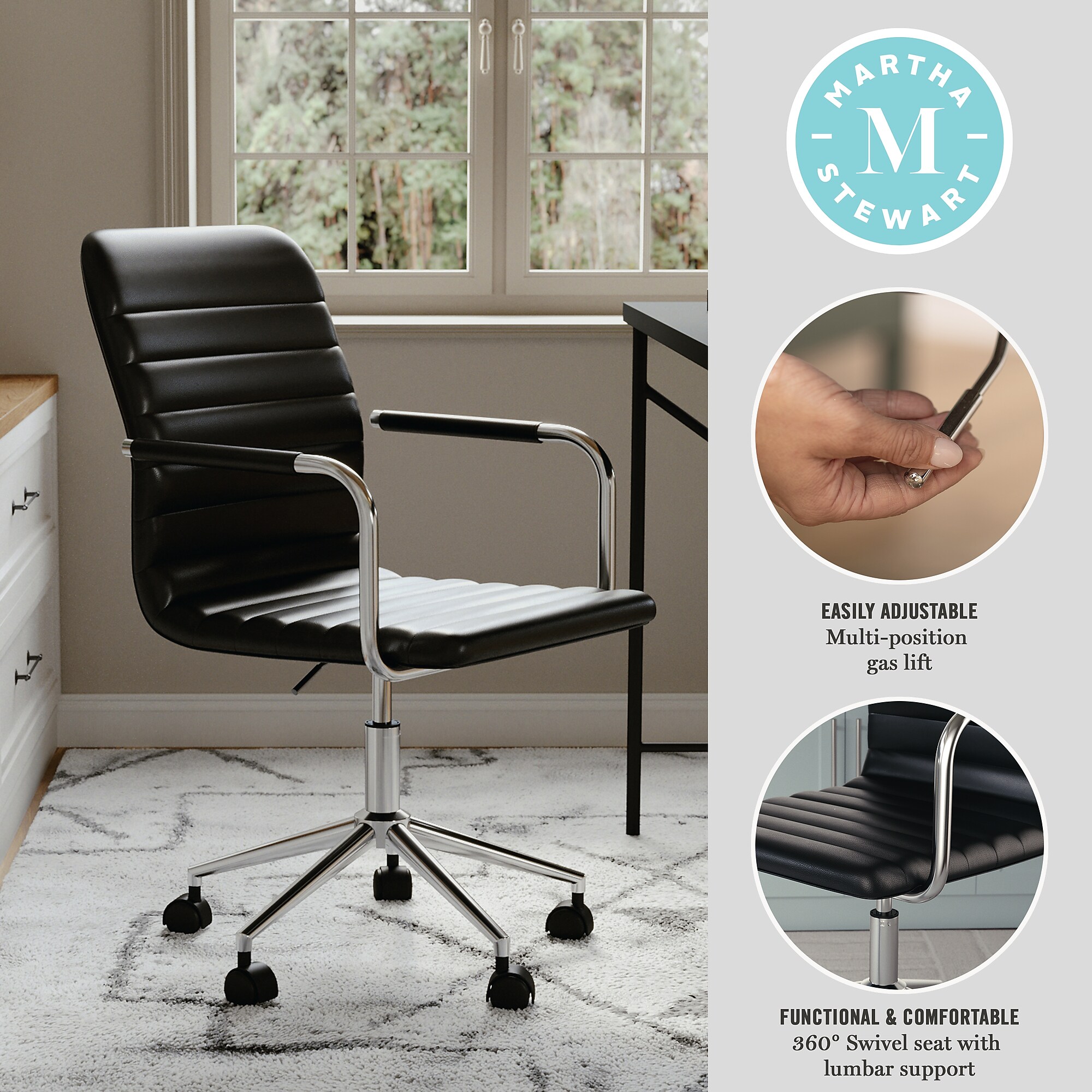 Martha Stewart Taytum Faux Leather Swivel Office Chair, Black/Polished Nickel (CH142370BK) Sansujyuku sansujyuku.com