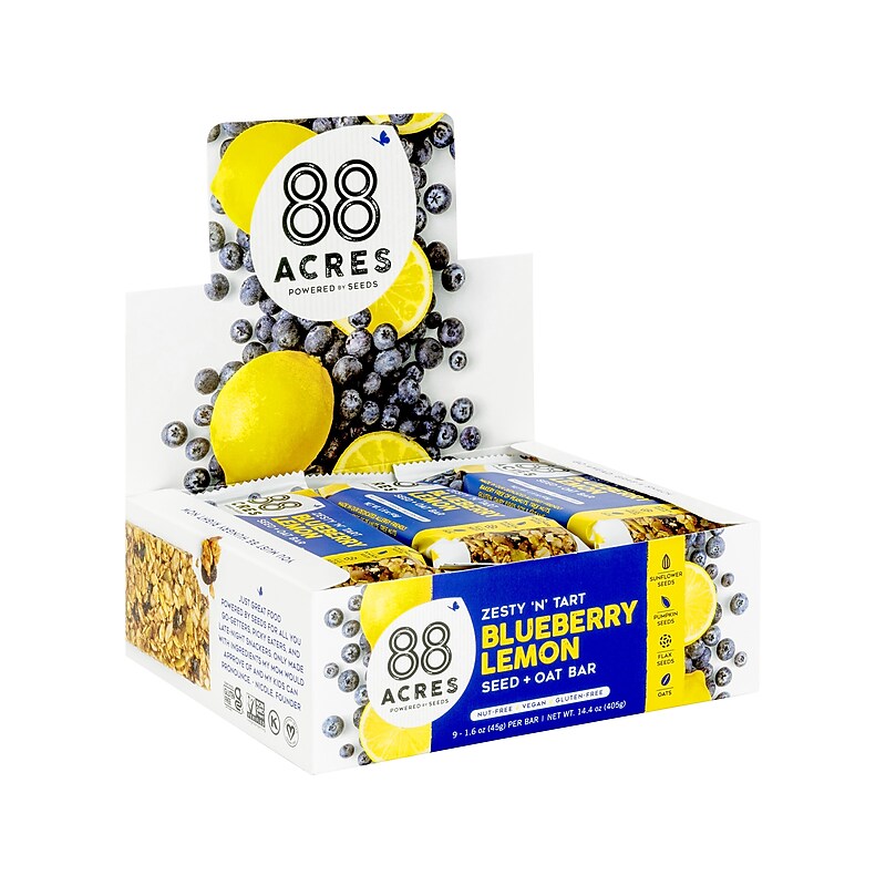 88 Acres Warm 'N' Chewy Gluten-Free Blueberry/Lemon Seed and Oat Bar, 1.6 oz., 9 Bars/Box (315104) image 1