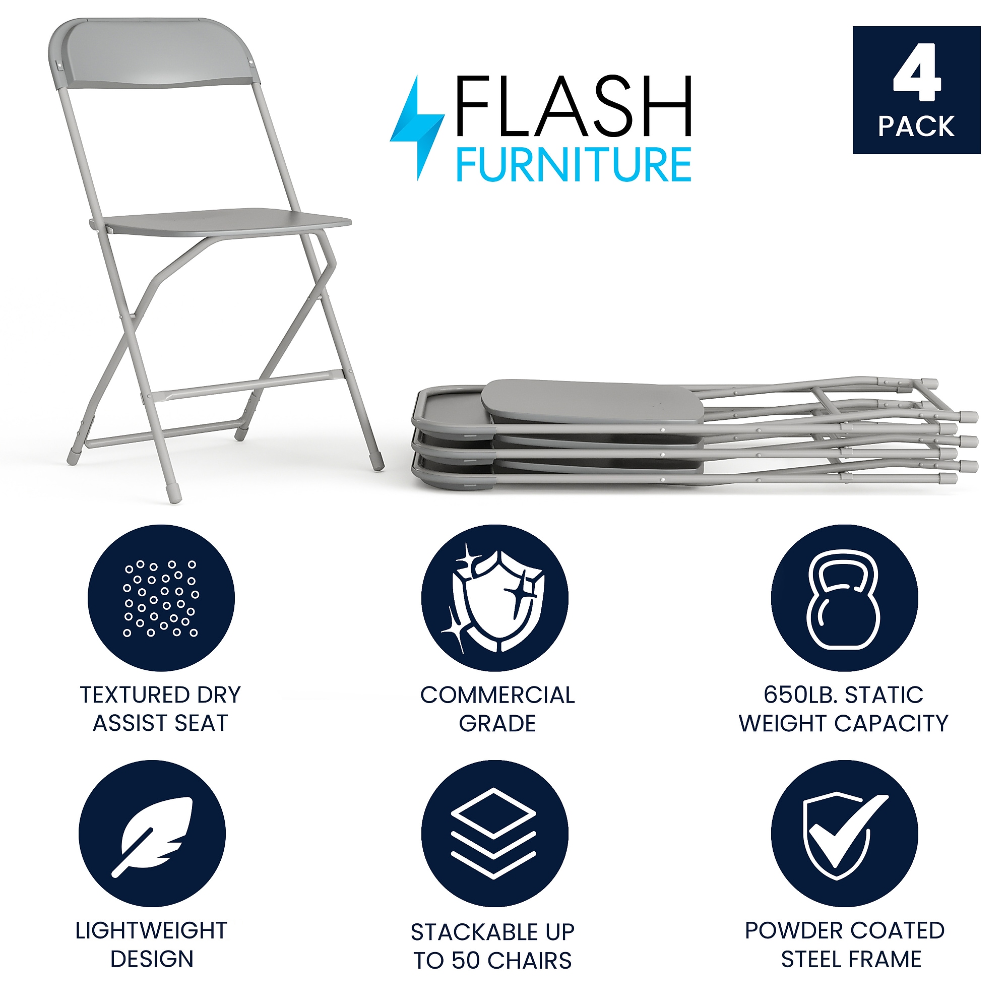 Flash Furniture HERCULES Plastic Folding Chair, Grey, 4/Pack (4LEL3GREY) Sansujyuku sansujyuku.com