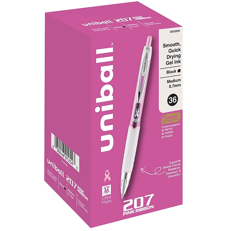uni-ball 207 Pink Ribbon Retractable Gel Pens, Medium Point, 0.7mm, Black Ink, 36/Pack (2003896) image 1