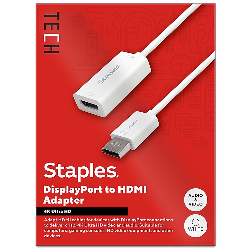 Staples TECH DisplayPort to HDMI Audio/Video Adapter, Male to Female, White (ST62362) image 1
