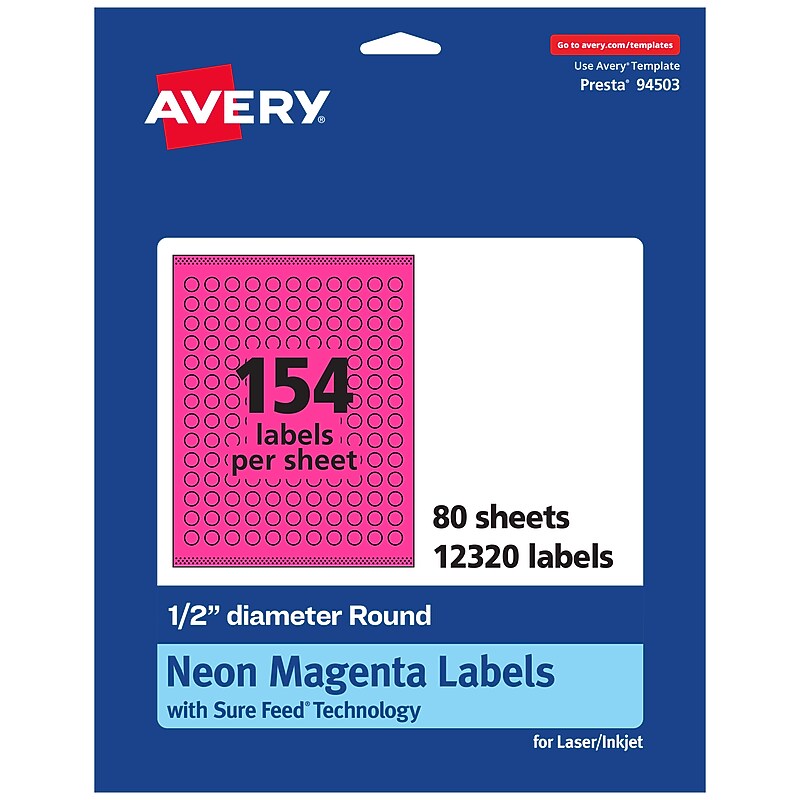 Avery Laser/Inkjet Round Multipurpose Labels, 0.5" Dia., Neon Magenta, 12320/Box (94503) image 1