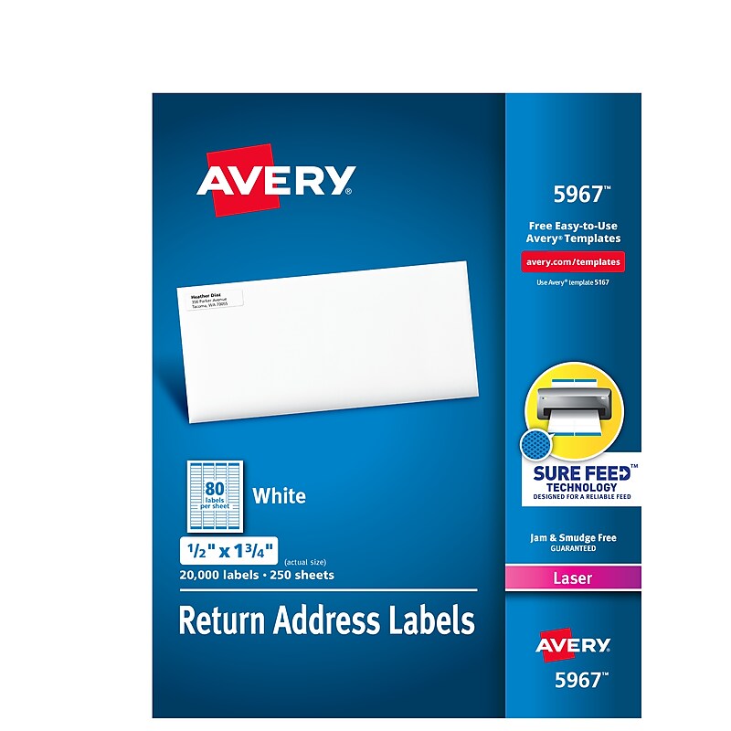 Avery Easy Peel Laser Return Address Labels, 1/2" x 1-3/4", White, 20,000 Labels/Box (5967) image 1