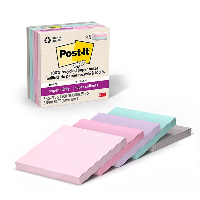 Post-it Recycled Super Sticky Notes, 3" x 3", Wanderlust Pastels Collection, 70 Sheets/Pad, 5 Pads/Pack (654R-5SSNRP) image 1