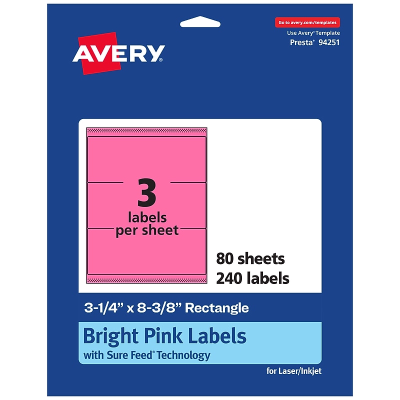 Avery Laser/Inkjet Rectangle Multipurpose Labels, 3-1/4" x 8-3/8", Bright Pink, 240/Box (94251) image 1