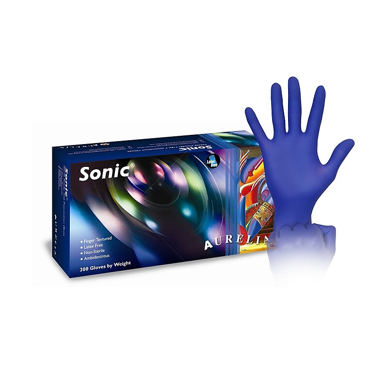Aurelia 93775 Sonic Powder Free Nitrile Food Safe Exam Gloves, XS, Cobalt Blue, 300 Gloves/Box, 10/Box image 1