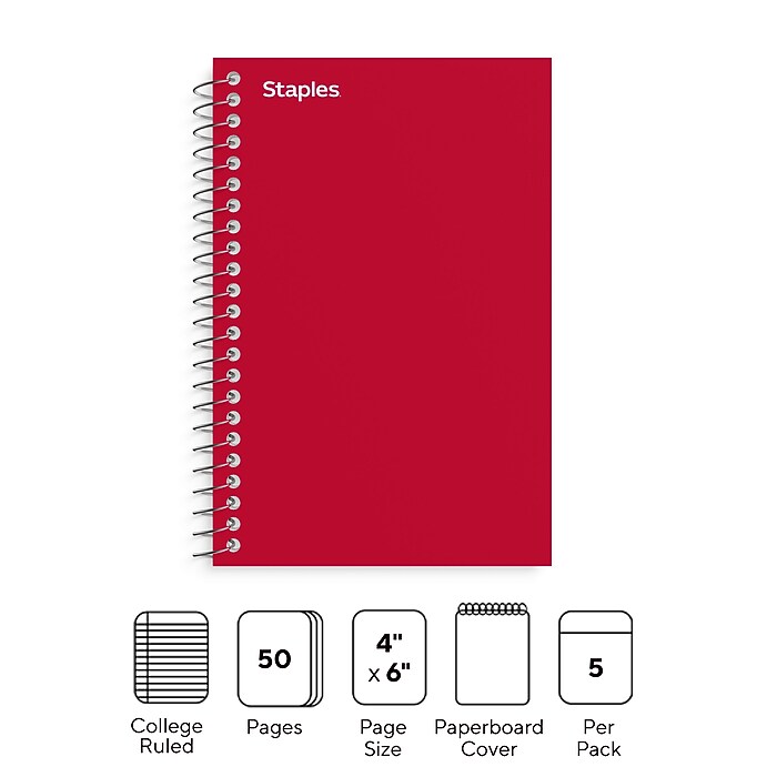 Staples Memo Pad, 4&quot; x 6&quot;, College Ruled, Assorted Colors, 50 