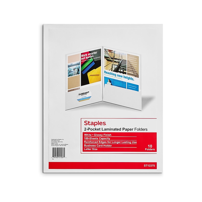 Staples Glossy 2-Pocket Paper Folder, White, 10/Pack (ST13375-CC) image 1