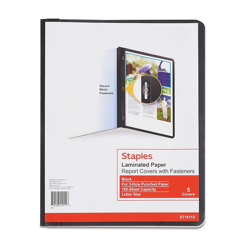 Staples Deluxe 3-Prong Report Cover, Letter Size, Black, 5/Pack (18112) image 1