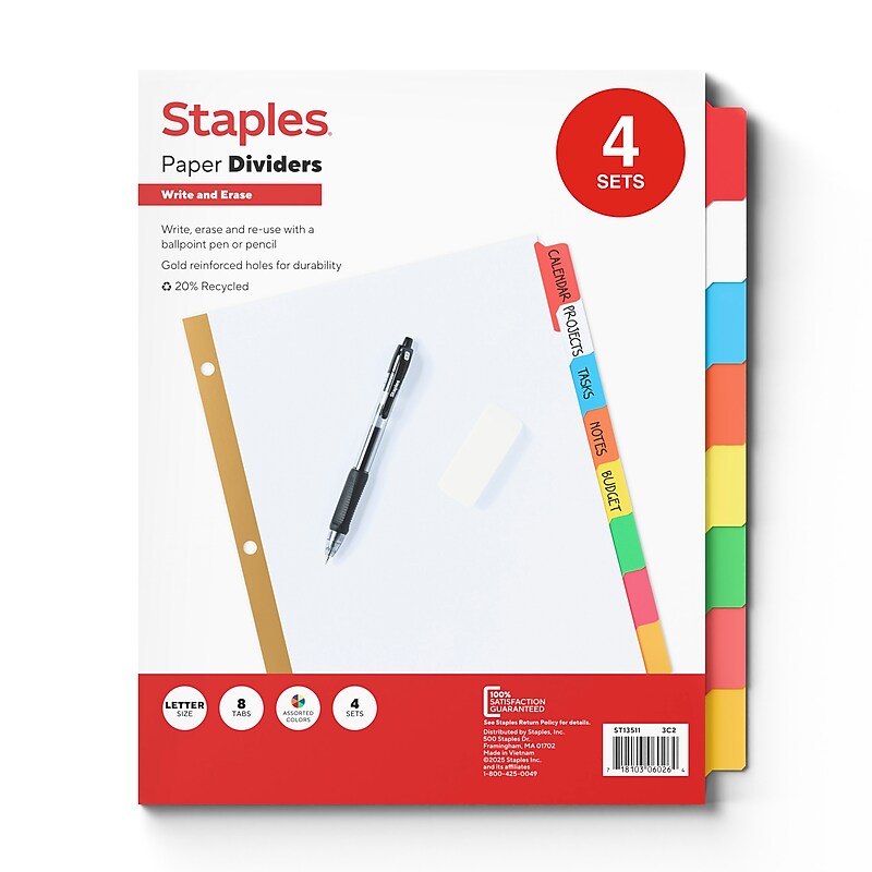 Staples Write & Erase Paper Dividers, Assorted Colors, 8-Tabs, 4 Sets (13511/23179) image 1