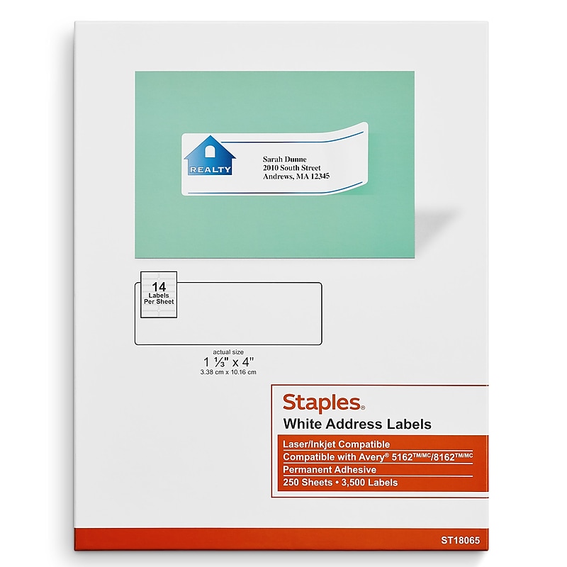 Staples Laser/Inkjet Address Labels, 1 1/3" x 4", White, 14 Labels/Sheet, 250 Sheets/Box, 3500 Labels/Box (ST18065-CC) image 1