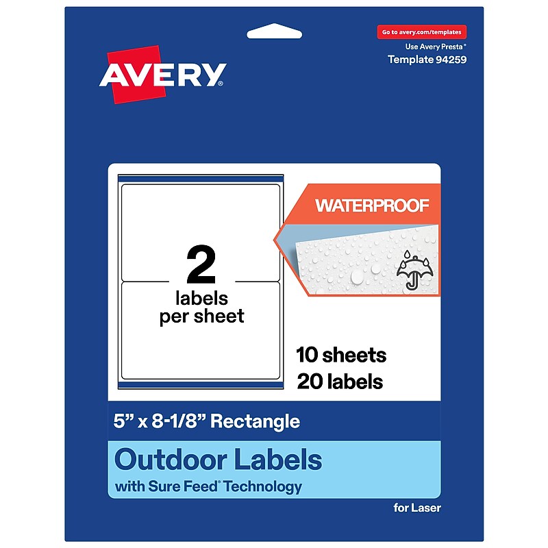 Avery Rectangle Laser Multipurpose Labels, 5" x 8-1/8", White, 20/Pack (19479399376) image 1