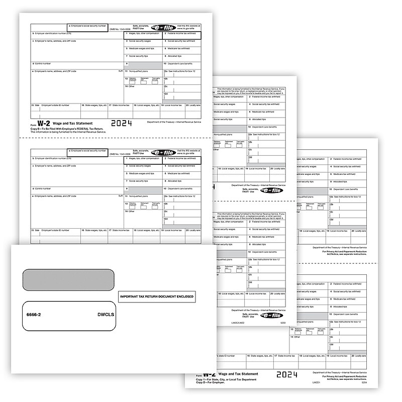ComplyRight 2024 W-2 Tax Form Envelopes/Recipient Copy Only, 3-Part, 2-Up, Copy B, C/2, D/1, 50/Pack (5647E) image 1