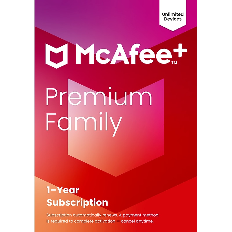 McAfee+ Premium Family for Unlimited Devices, 1-Year Subscription with Auto-Renewal, Product Key Card (MPP51ESTURPFM) image 1