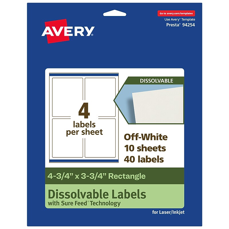 Avery Dissolvable Rectangle Multipurpose Labels, 4.75" x 3.75", Off-white, 40/Pack (94254) image 1