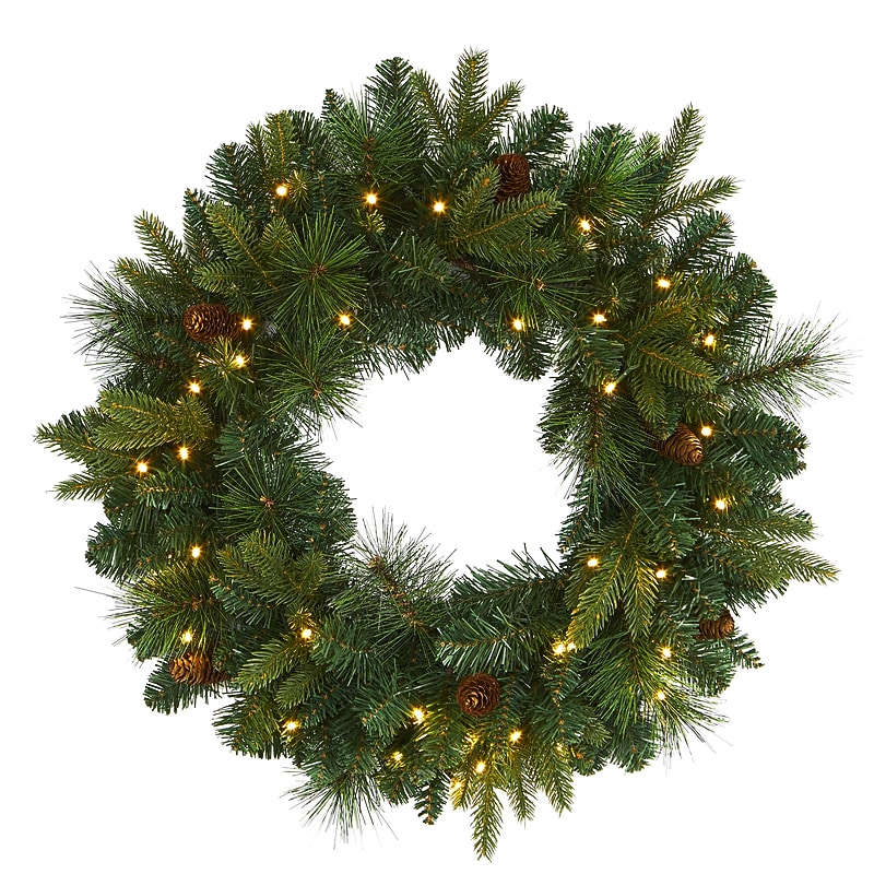 Nearly Natural 24-in Mixed Pine Artificial Christmas Wreath with 35 Clear LED Lights and Pinecones (W1114) image 1