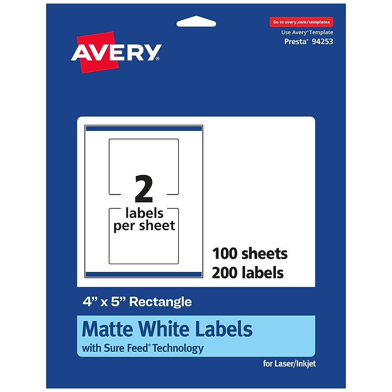 Avery Laser/Inkjet Multipurpose Labels, White, 2 Labels/Sheet, 100 Sheets/Pack (94253-WMP100) image 1