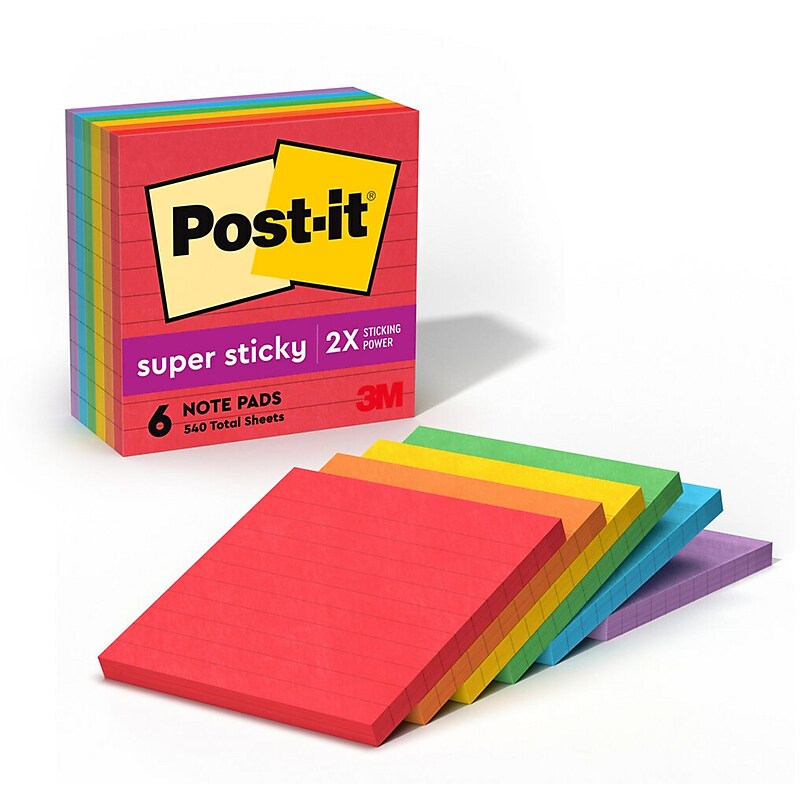 Post-it Super Sticky Notes, 4" x 4", Playful Primaries Collection, Lined, 90 Sheet/Pad, 6 Pads/Pack (6756SSAN) image 1
