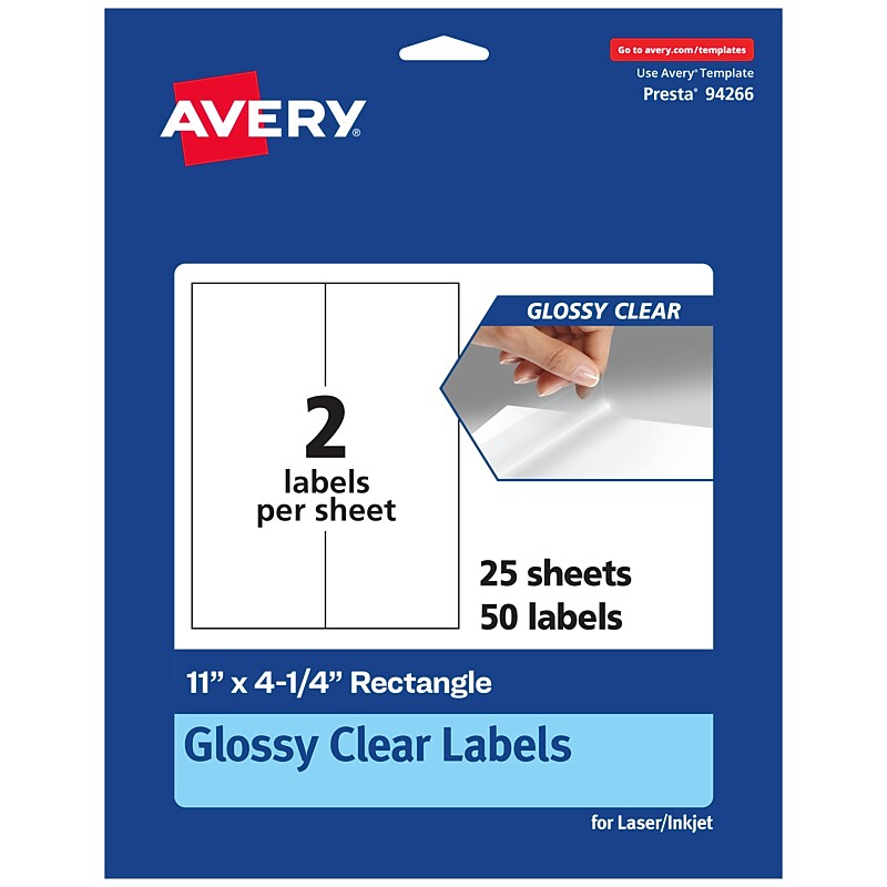 Avery Laser/Inkjet Multipurpose Labels, 4.25" x 11", Glossy Clear, 50/Pack (94266) image 1