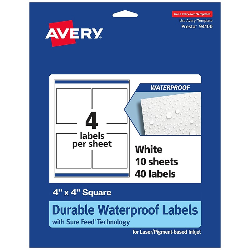 Avery Laser/Inkjet Square Durable Waterproof Labels, 4" x 4", White, 40 Labels/Pack (94100) image 1