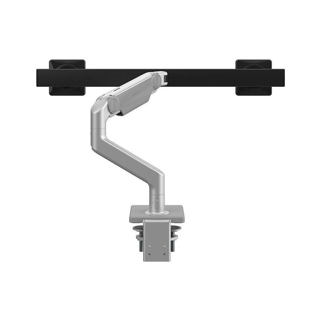 Front view of desk-mounted dual monitor arm