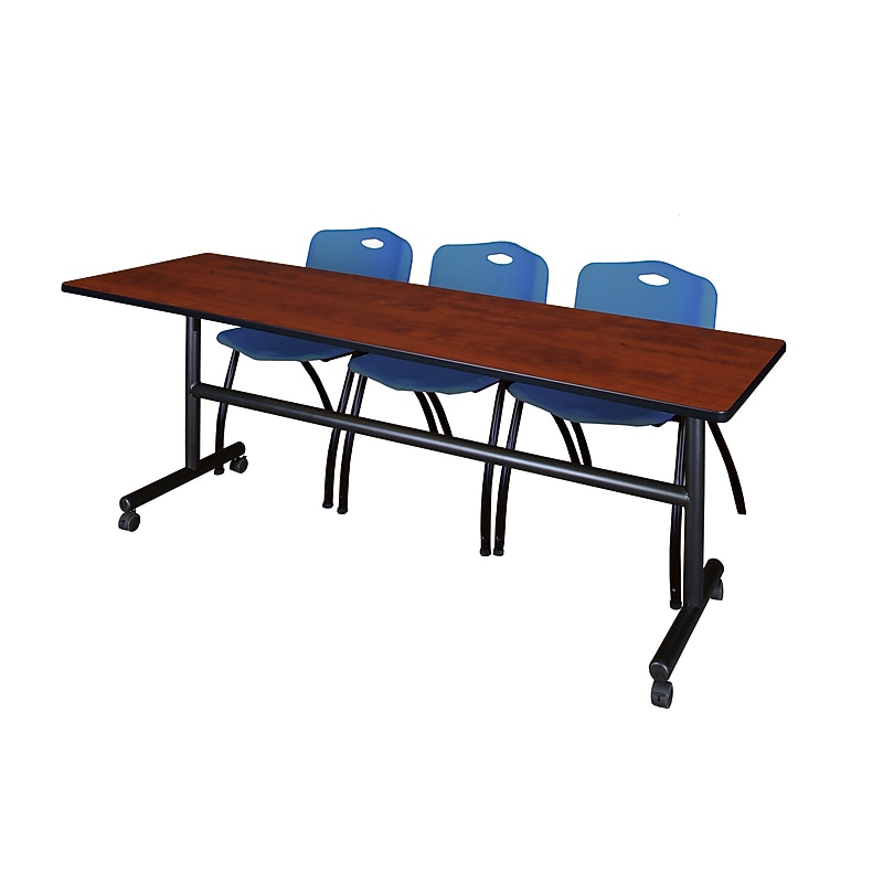 Regency Kobe 84" Flip Top Mobile Training Table- Cherry & 3 'M' Stack Chairs- Blue image 1