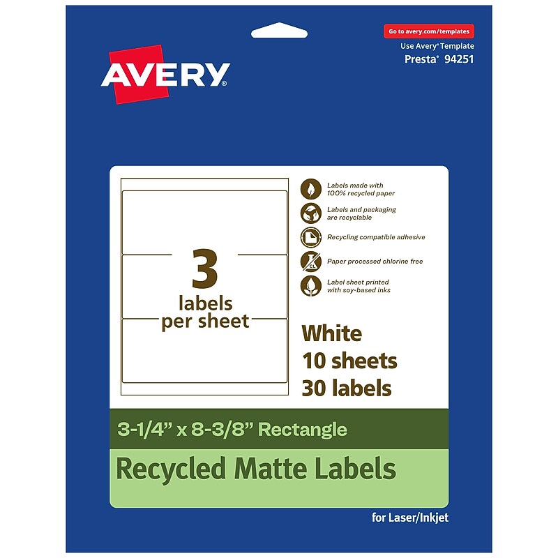 Avery EcoFriendly Laser/Inkjet Rectangle Multipurpose Labels, 3-1/4" x 8-3/8", White, 30/Pack (94251) image 1