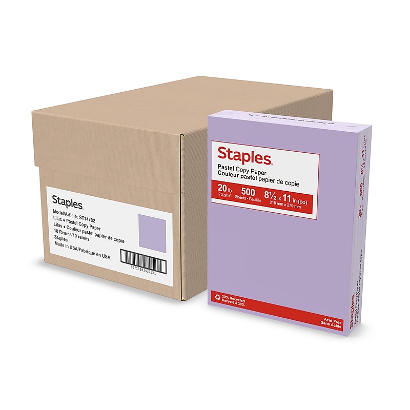 Staples Pastel 30% Recycled Multipurpose Colored Paper, 20 Lbs., 8.5" x 11", Lilac, 500 Sheets/Ream (14782) image 1
