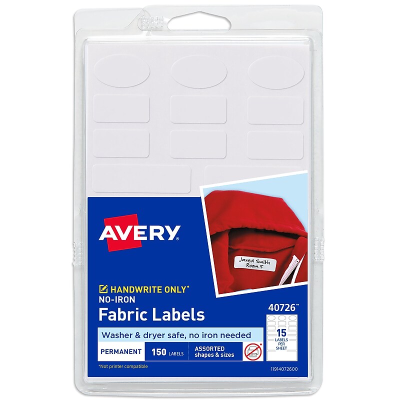 Avery No-Iron Waterproof Fabric Labels, Assorted Shapes/Sizes, White, 150 Labels/Pack (40726) image 1