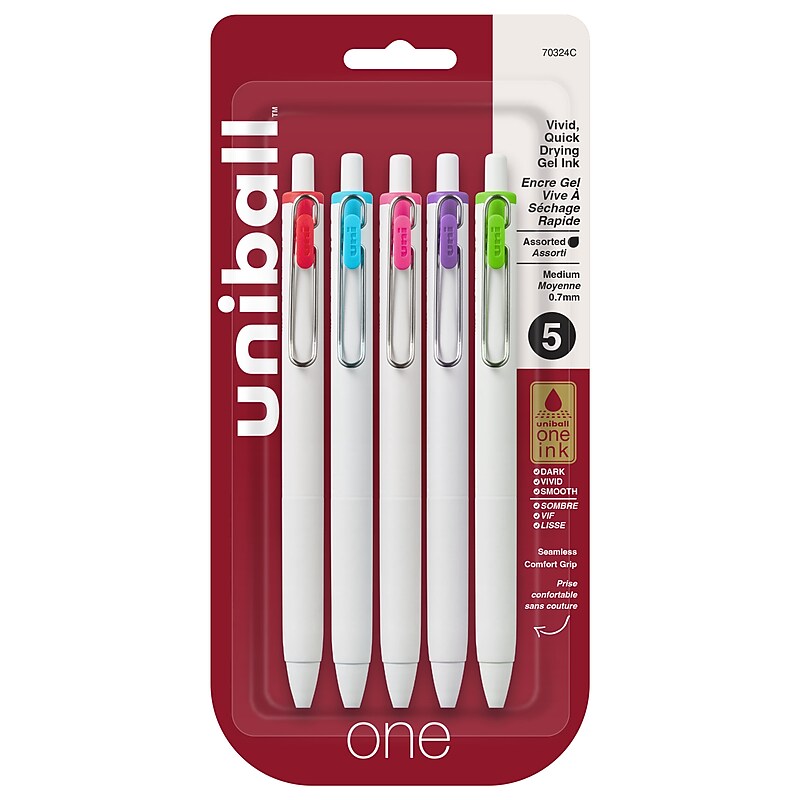 uni-ball one Retractable Gel Pen, Medium Point, 0.7mm, Assorted Ink, 5/Pack (70381) image 1