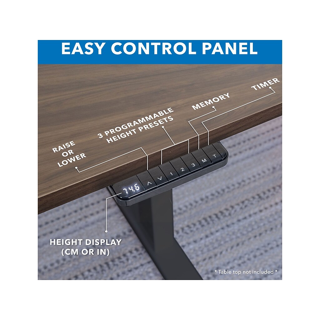 Close-up of control panel height display and memory buttons on desk.