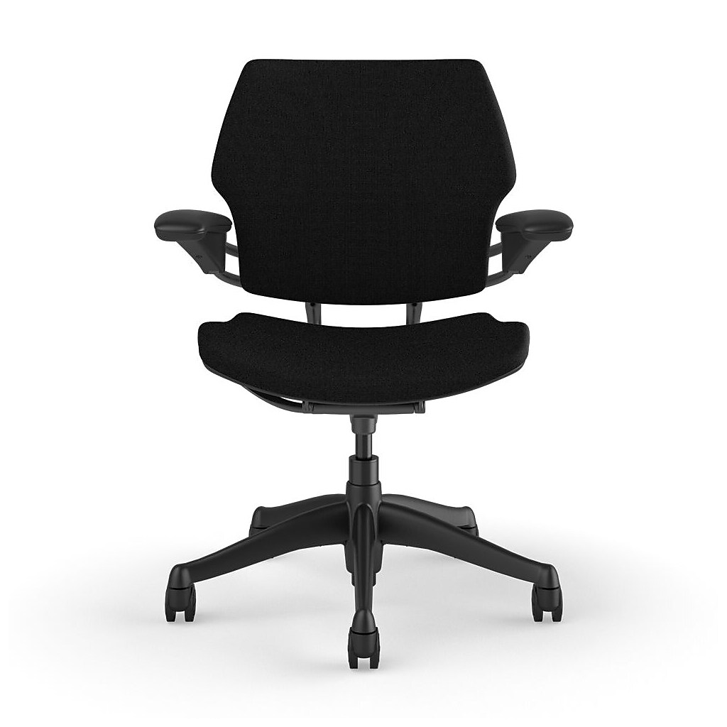 Front view of the black upholstered ergonomic task chair with armrests and wheeled base