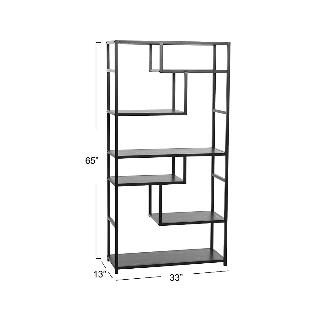 Dimensions diagram of Jamestown 65-inch shelf unit showing 65" height, 33" width, 13" depth