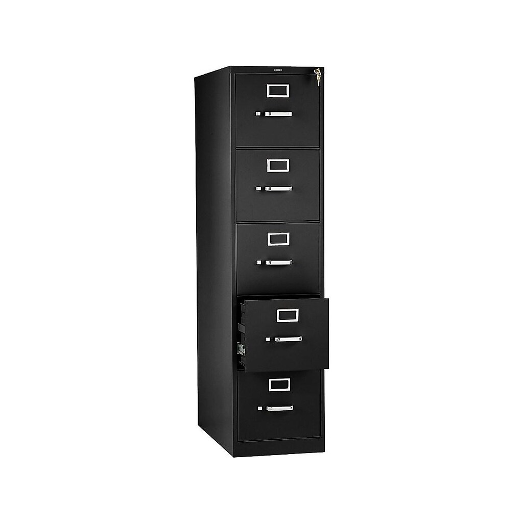 Tall black vertical filing cabinet with multiple drawers and a slightly open lower drawer