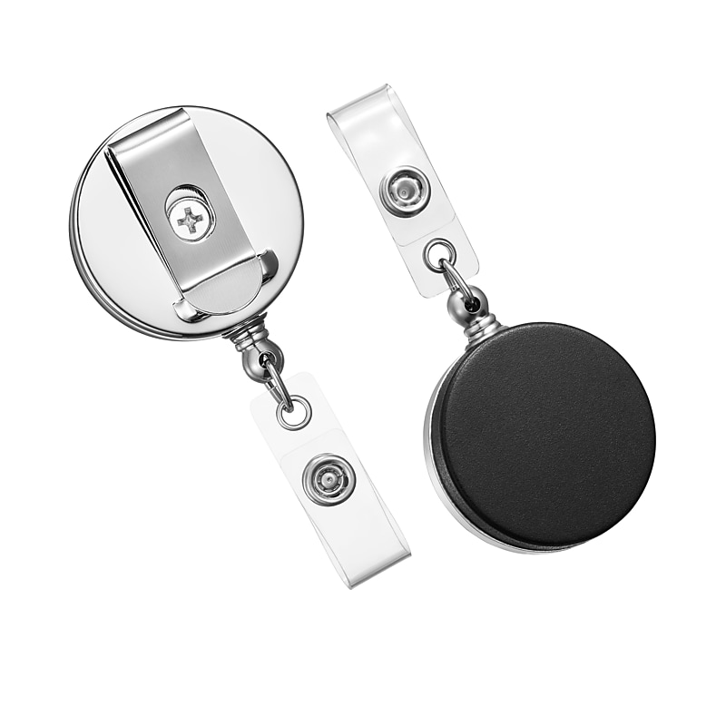 Staples Heavy-Duty Badge Reels, 30" Retractable Cord Length, Metal, Black, 5/Pack (37870) image 1