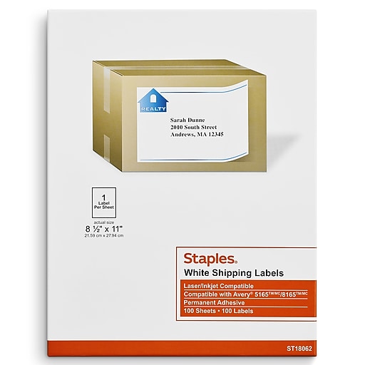 Staples Laser/Inkjet Shipping Labels, 8 1/2" x 11", White, 1 Label/Sheet, 100 Sheets/Box (18062