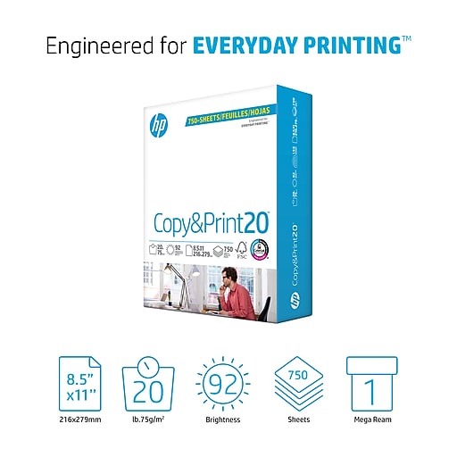 HP Copy&Print20 8.5 x 11 Multipurpose Paper, 20 lbs., 92 Brightness, 750  Sheets/Ream (200030)