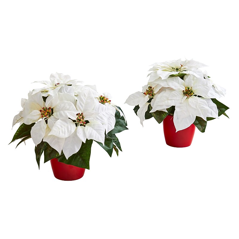 Nearly Natural Poinsettia Artificial Plant in Red Planter, 12", 2/Set (P1254-S2) image 1