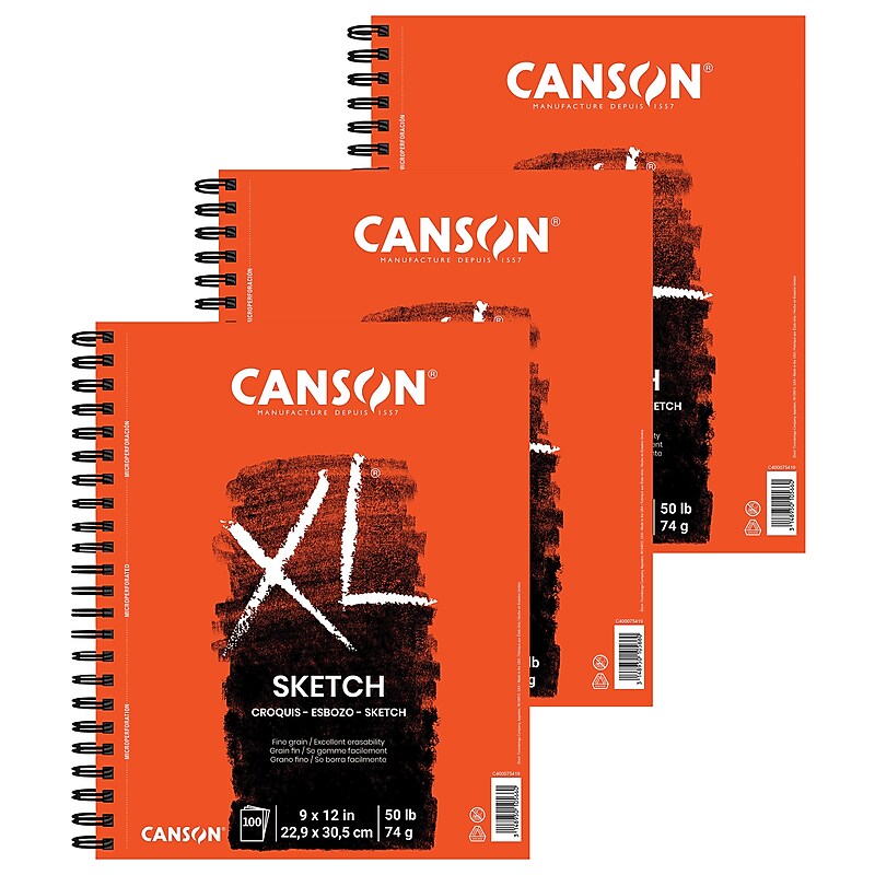 Canson XL Series 9" x 12" Wire Bound Sketch Pad, 100 Sheets/Pad, 3/Bundle (MCXC40006186003-3) image 1